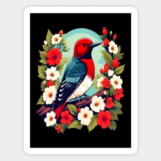 Cute Red Headed Woodpecker Surrounded by Vibrant Flowers Magnet